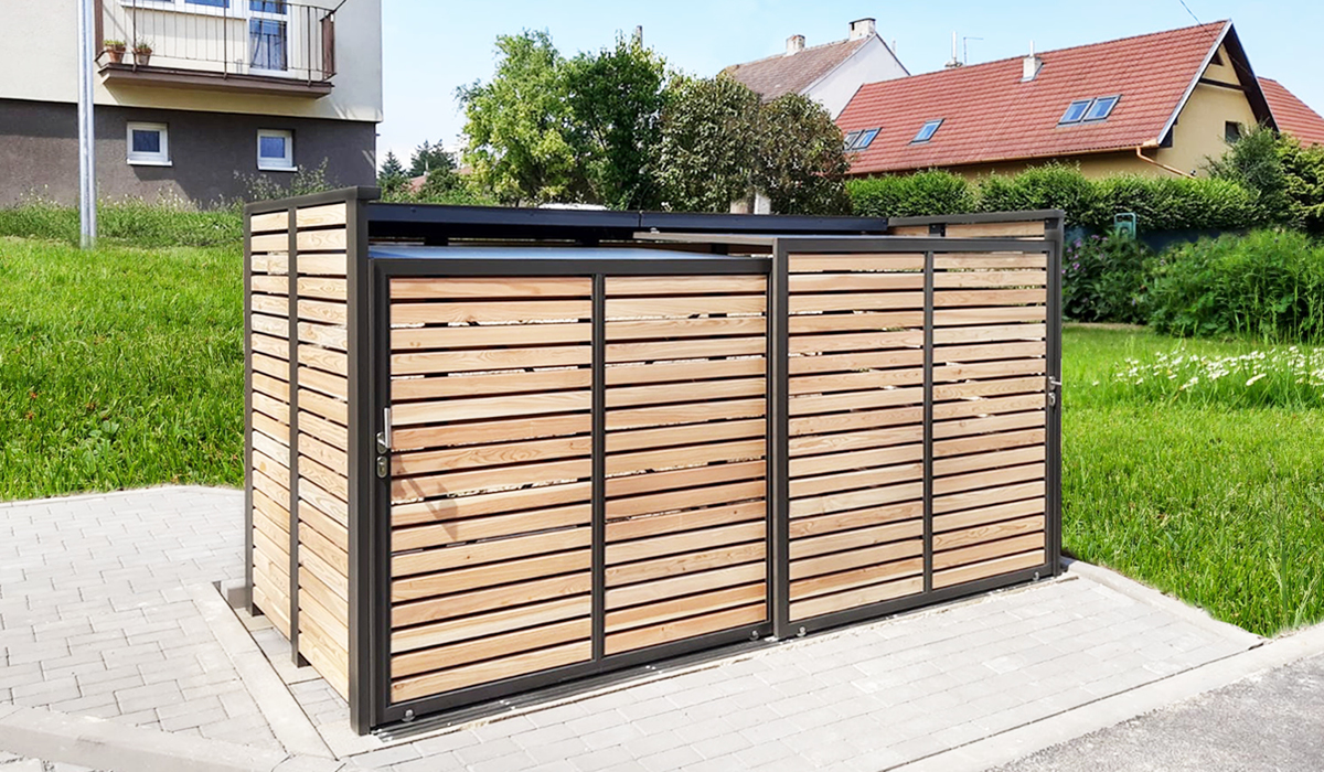 <h5>Mülltonnen-Box mit Schiebetür aus Holz</h5>